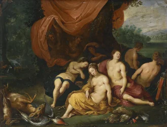 Diana and Her Nymphs Spied on by Satyrs After the Hunt